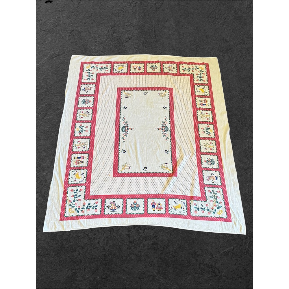 Startex Tablecloth Vintage 52x58 White Red Folk Art Scandinavian Polka Dot